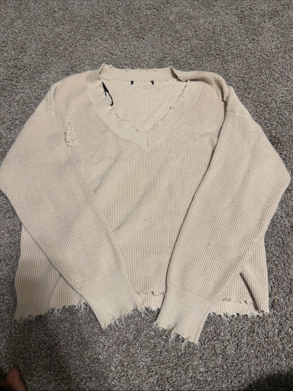 Forever 21 V-Neck Distressed Cream Sweater